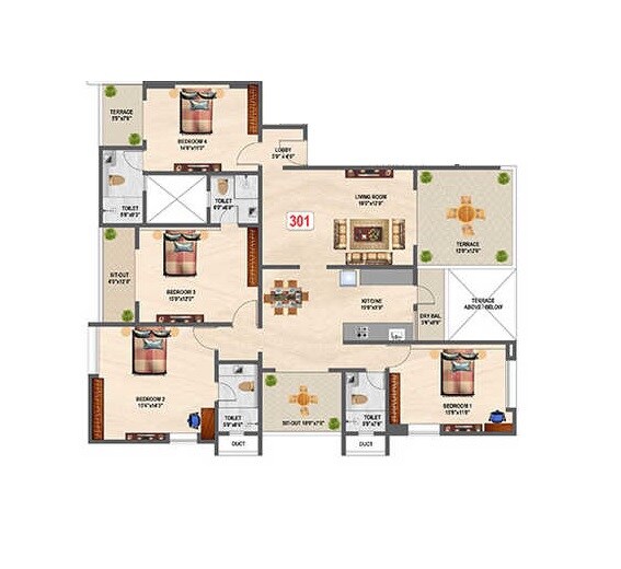 Floor plan of 4 BHK 1367 Sq. Ft. Apartment in Swojas Prashante, Pune