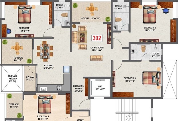 Floor plan of 4 BHK 1454 Sq. Ft. Apartment in Swojas Prashante, Pune