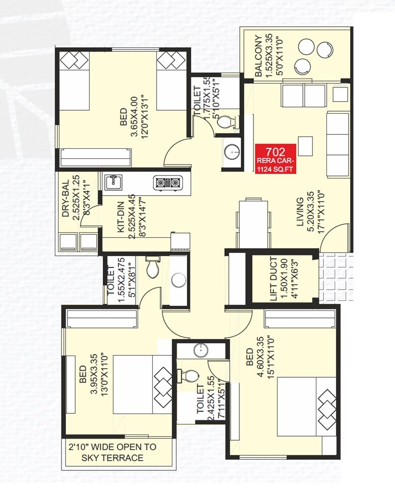 Floor plan of 3 BHK 1124 Sq. Ft. Apartment in Swojas Shreekrishna Niwas, Pune