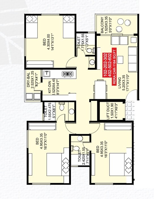 Floor plan of 3 BHK 1164 Sq. Ft. Apartment in Swojas Shreekrishna Niwas, Pune