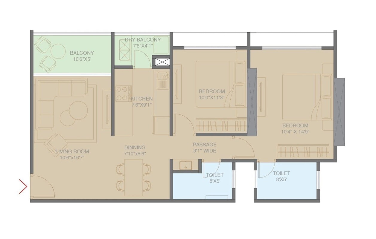 Floor plan of 2 BHK 818 Sq. Ft. Apartment in Talreja Sky Sanctum, Pune