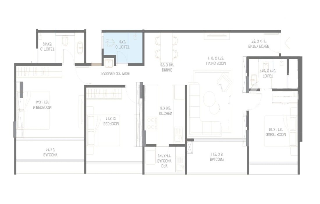 Floor plan of 3 BHK 1154 Sq. Ft. Apartment in Talreja Sky Sanctum, Pune