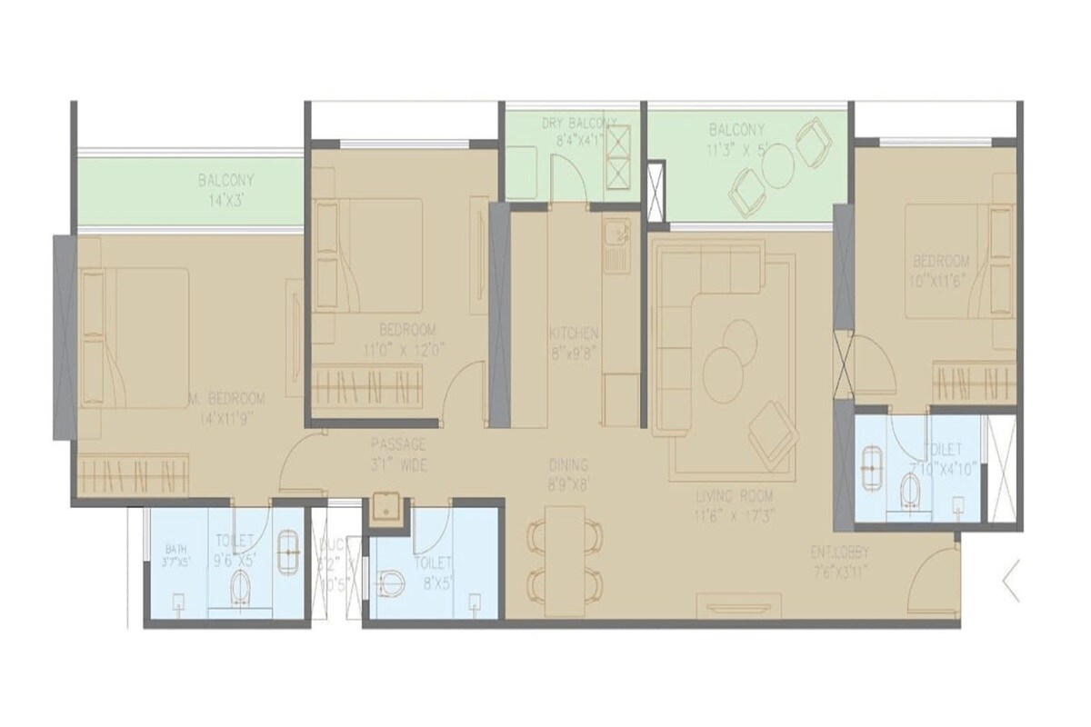 Floor plan of 3 BHK 1170 Sq. Ft. Apartment in Talreja Sky Sanctum, Pune