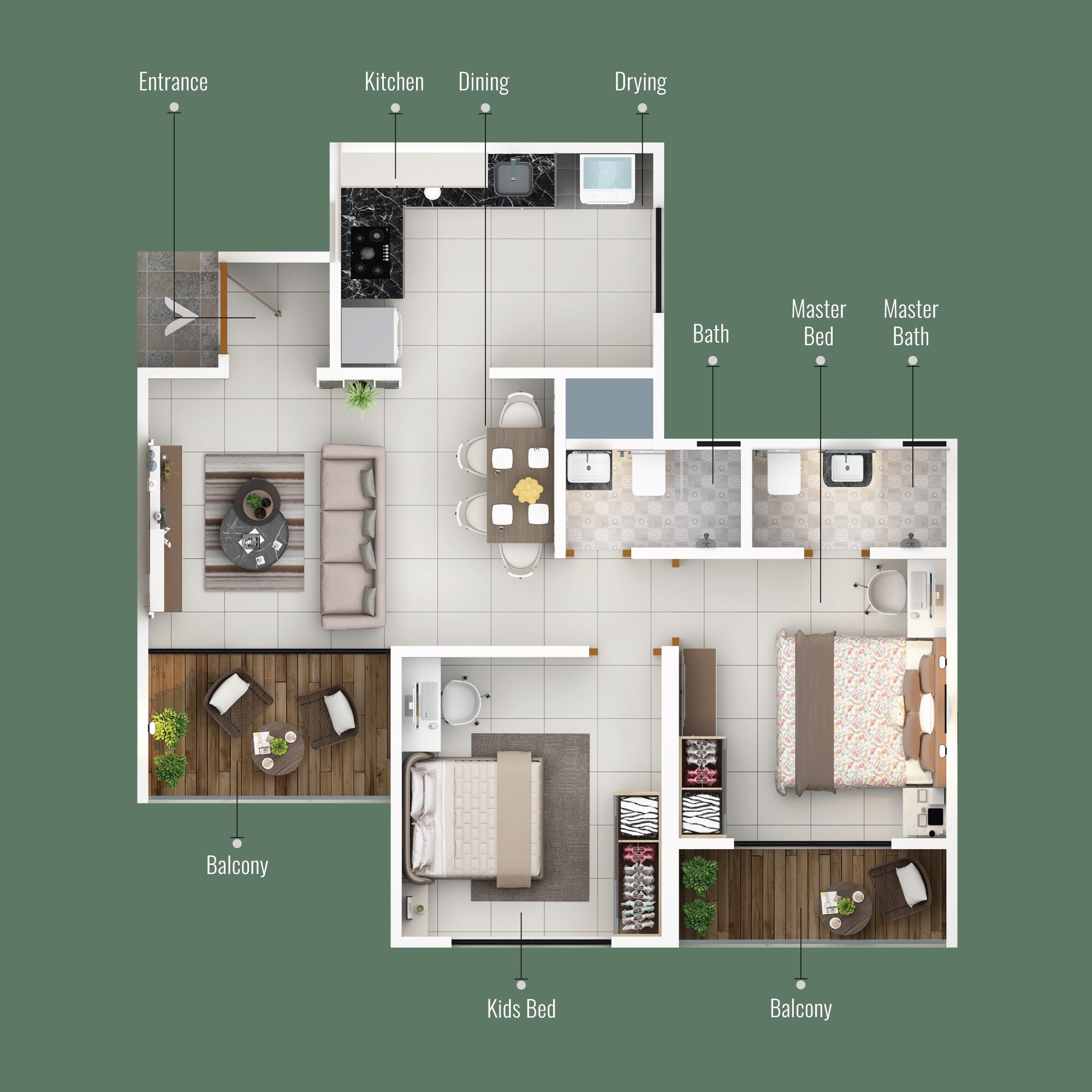 Floor plan of 2 BHK Apartment - 640 sq. ft. in Tanish O2, Pune