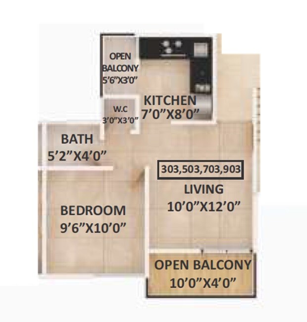 Floor plan of 1 BHK 398 Sq. Ft. Apartment in Tanvi Oxy Point, Pune