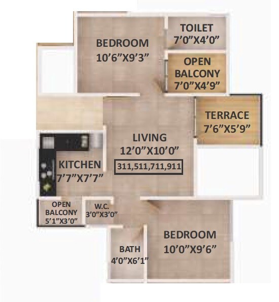 Floor plan of 2 BHK 565 Sq. Ft. Apartment in Tanvi Oxy Point, Pune