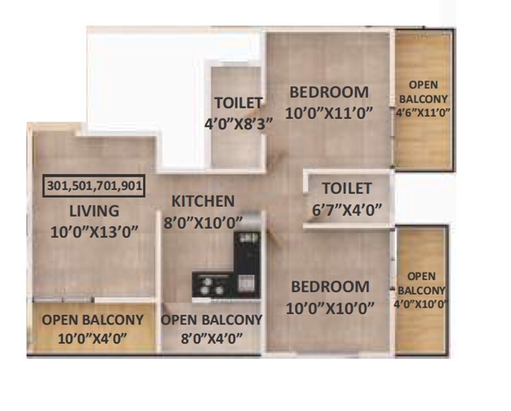 Floor plan of 2 BHK 685 Sq. Ft. Apartment in Tanvi Oxy Point, Pune