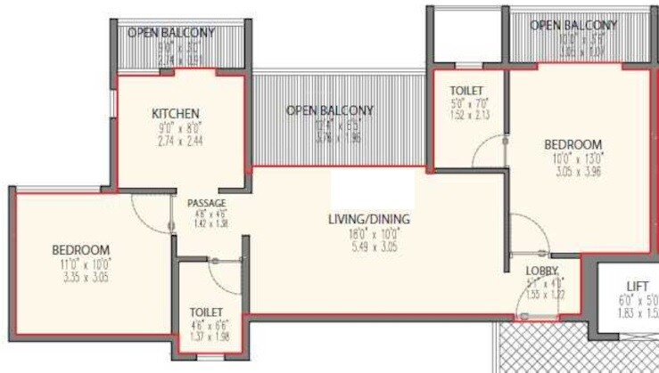 Floor plan of 2 BHK 644 Sq. Ft. Apartment in Tapashree 45 Paramount, Pune