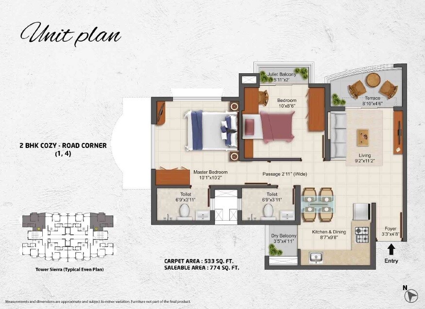 Floor plan of 2 BHK 533 Sq. Ft. Apartment in Tata La Montana Phase 3, Pune