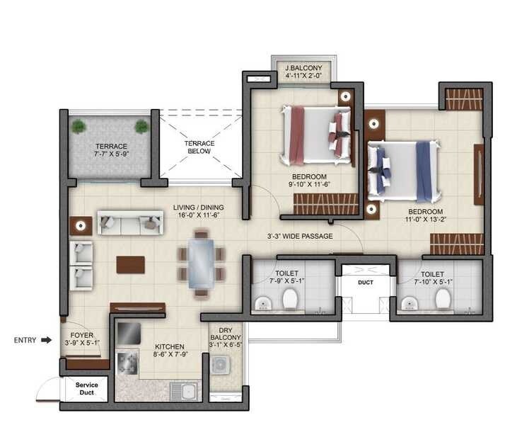 Floor plan of 2 BHK 739 Sq. Ft. Apartment in Tata Primos, Pune