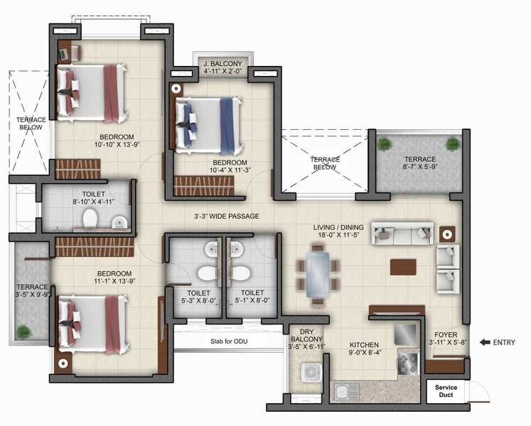 Floor plan of 3 BHK 1041 Sq. Ft. Apartment in Tata Primos, Pune
