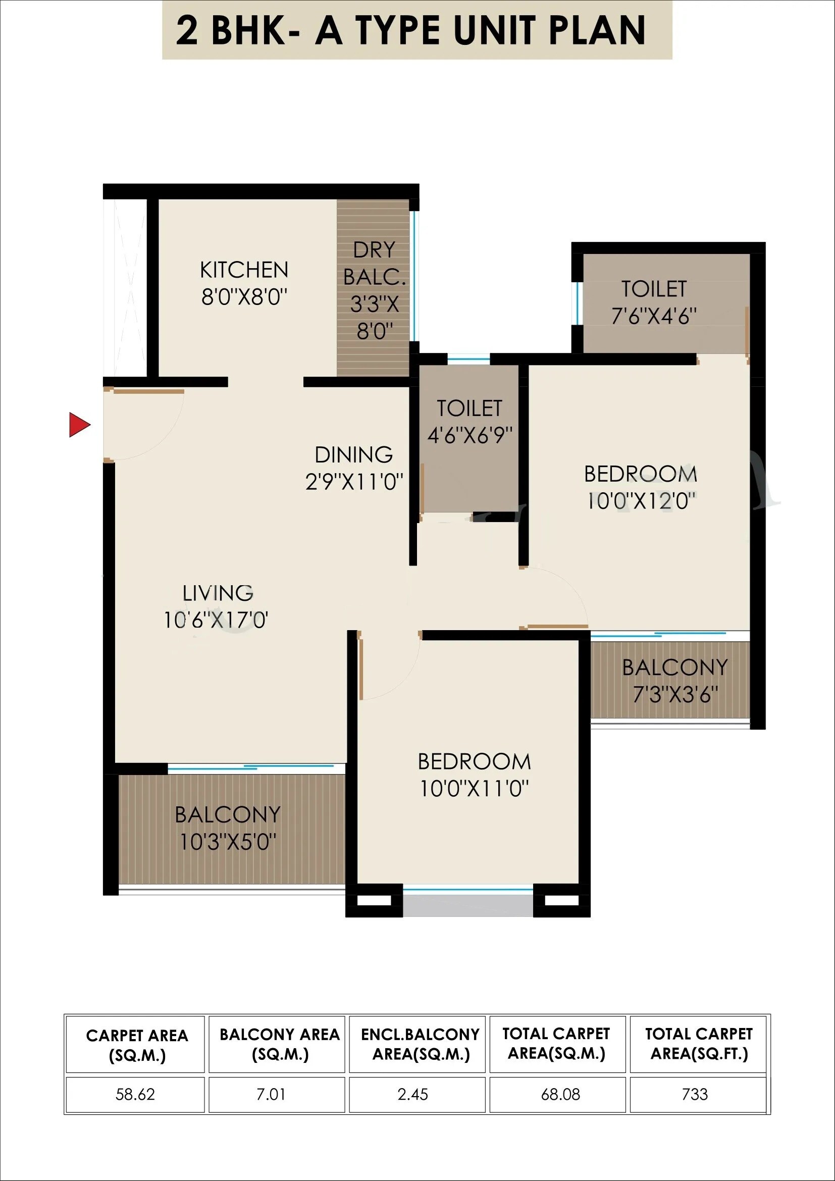 Floor plan of 2 BHK 733 Sq. Ft. Apartment in Tatva 24Life Exotica, Pune