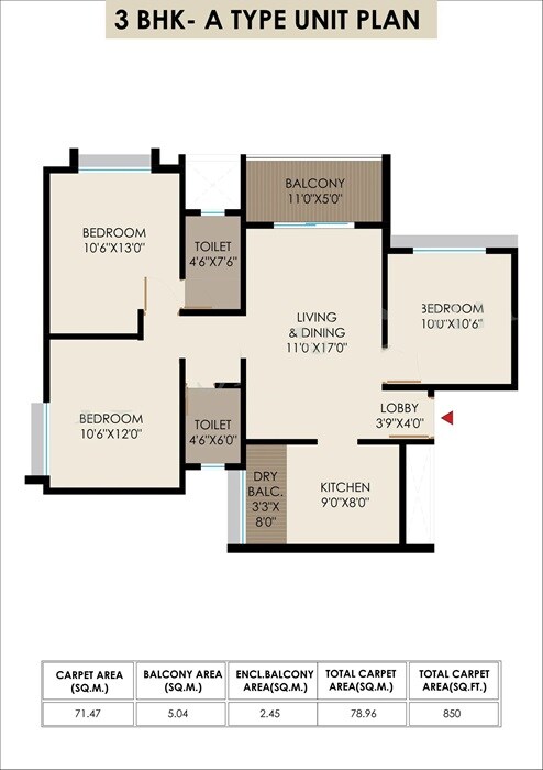 Floor plan of 3 BHK 850 Sq. Ft. Apartment in Tatva 24Life Exotica, Pune