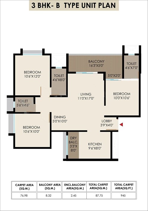 Floor plan of 3 BHK 945 Sq. Ft. Apartment in Tatva 24Life Exotica, Pune