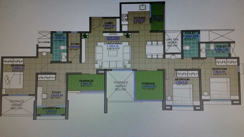 Floor plan of 3 BHK 844 Sq. Ft. Apartment in Tatvam V Uptown, Pune