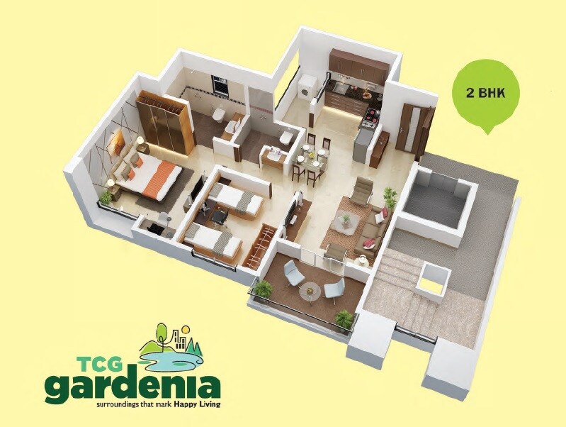 Floor plan of 2 BHK 830 Sq. Ft. Apartment in TCG Gardenia, Pune