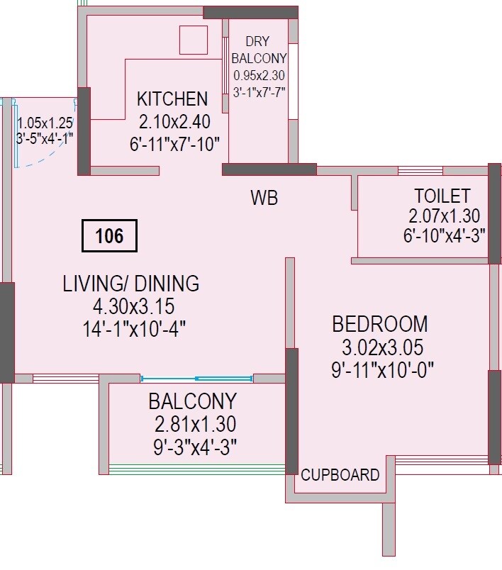 Floor plan of 1 BHK 394 Sq. Ft. Apartment in TCG The Cliff Garden, Pune