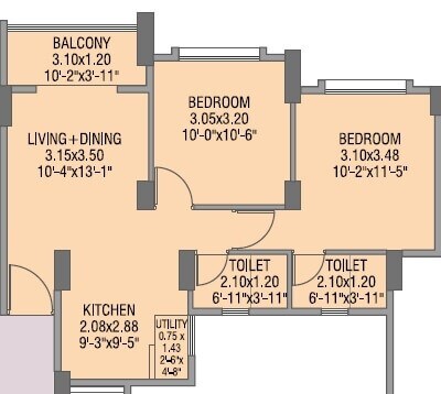 Floor plan of 2 BHK 658 Sq. Ft. Apartment in TCG The Cliff Garden, Pune