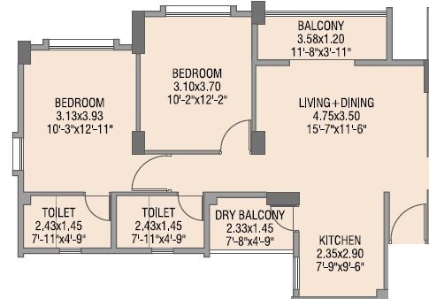 Floor plan of 2 BHK 683 Sq. Ft. Apartment in TCG The Cliff Garden, Pune