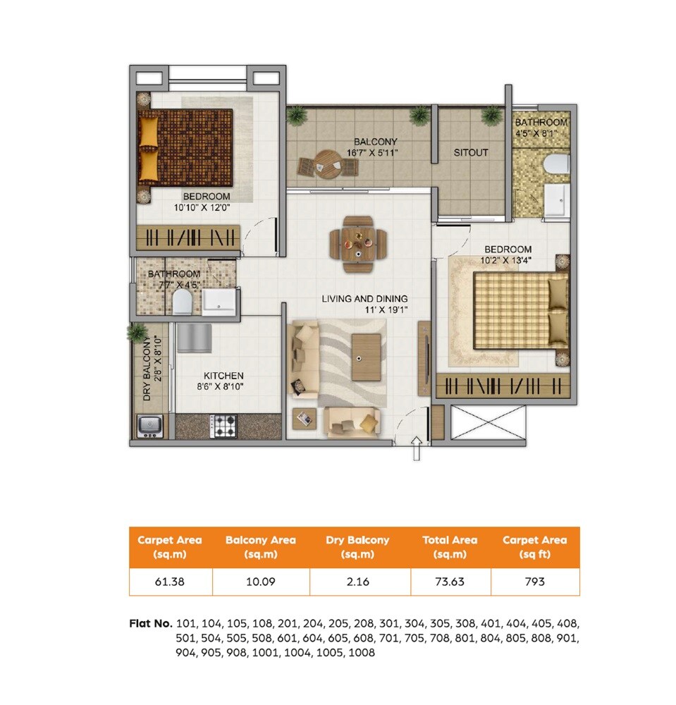 Floor plan of 2 BHK 793 Sq. Ft. Apartment in Techstone Casa Abrigo, Pune