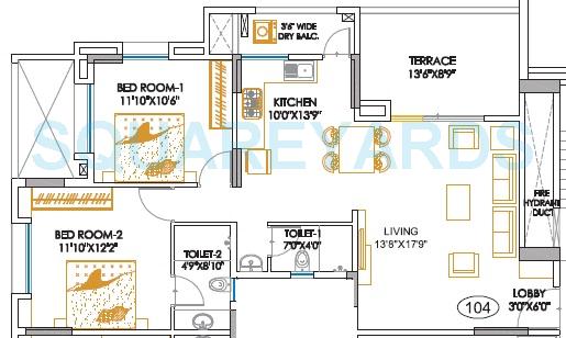 Floor plan of 2 BHK 1109 Sq. Ft. Apartment in Teerth Aarohi, Pune