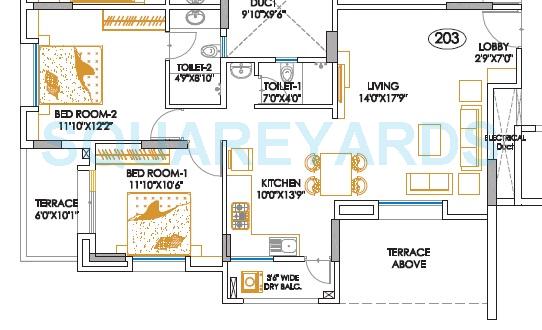 Floor plan of 2 BHK 1113 Sq. Ft. Apartment in Teerth Aarohi, Pune