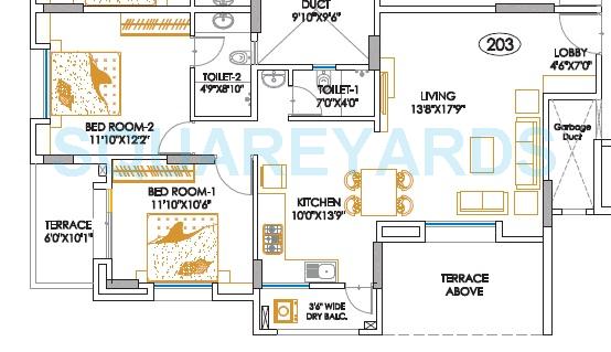 Floor plan of 2 BHK 1124 Sq. Ft. Apartment in Teerth Aarohi, Pune