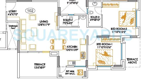 Floor plan of 2 BHK 1168 Sq. Ft. Apartment in Teerth Aarohi, Pune