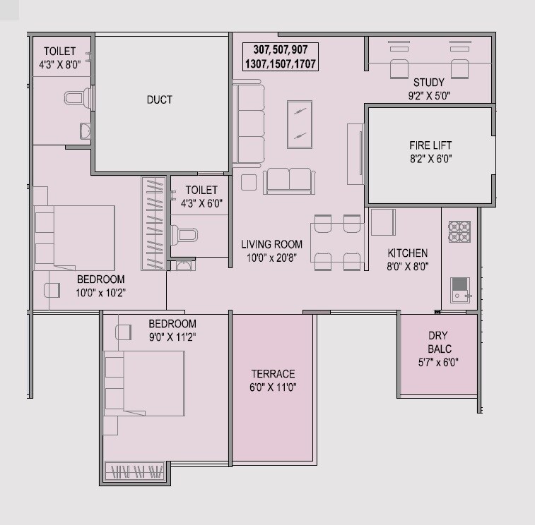 Floor plan of 2 BHK 738 Sq. Ft. Apartment in Teerth Avila, Pune