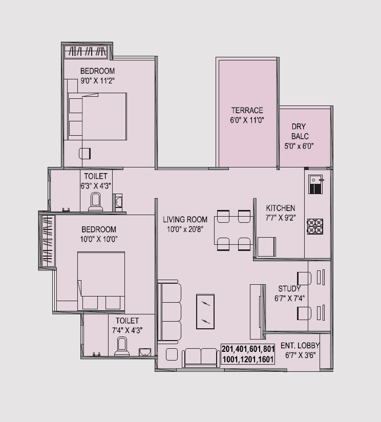 Floor plan of 3 BHK 1018 Sq. Ft. Apartment in Teerth Avila, Pune