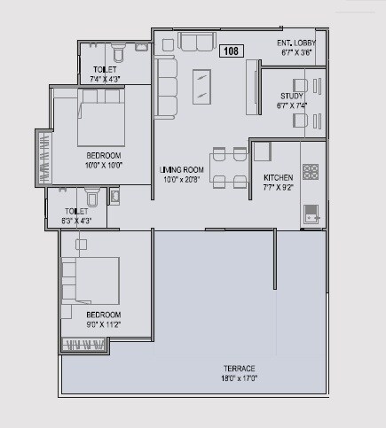 Floor plan of 3 BHK 997 Sq. Ft. Apartment in Teerth Avila, Pune