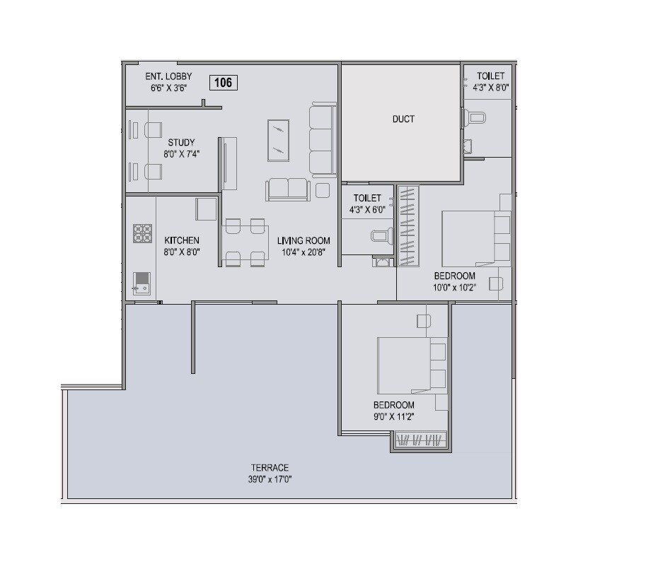 Floor plan of 2 BHK 872 Sq. Ft. Apartment in Teerth Avila, Pune