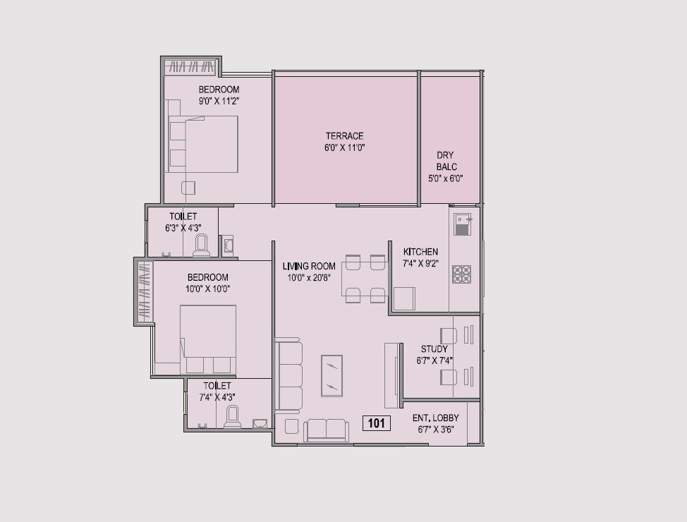 Floor plan of 2 BHK 810 Sq. Ft. Apartment in Teerth Avila, Pune