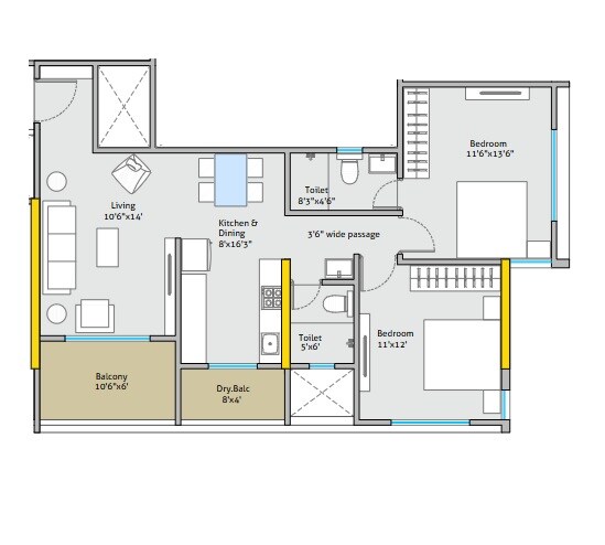 Floor plan of 3 BHK 1223 Sq. Ft. Apartment in Tej Navya, Pune