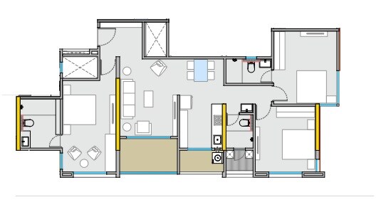 Floor plan of 3 BHK 1150 Sq. Ft. Apartment in Tej Navya, Pune