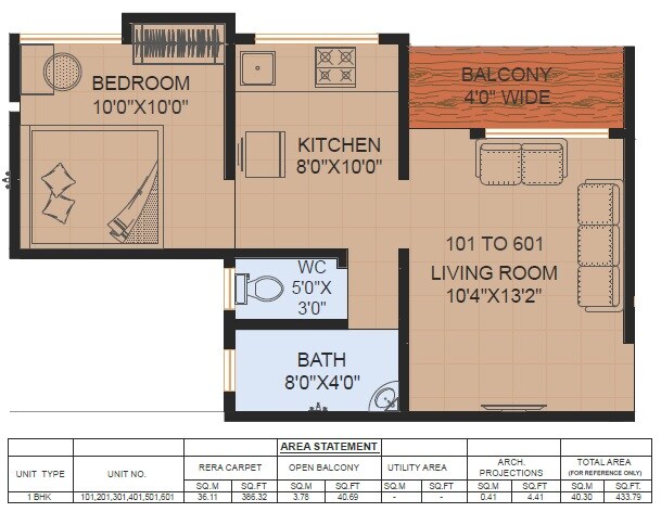Floor plan of 1 BHK 386 Sq. Ft. Apartment in Tejas Chintamani Heights, Pune