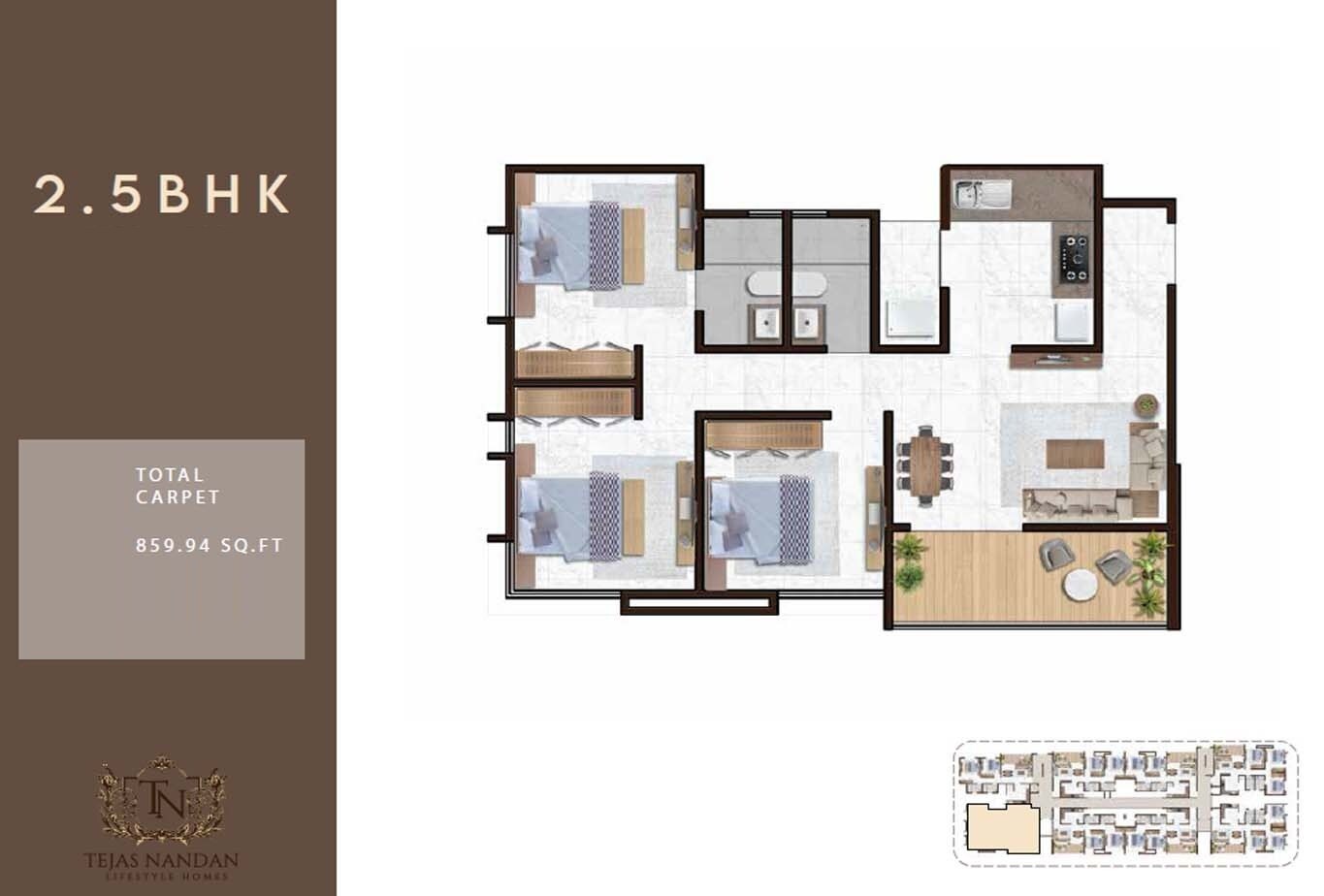 Floor plan of 2 BHK 860 Sq. Ft. Apartment in Tejas Nandan, Pune