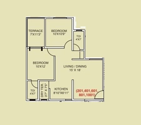 Floor plan of 2 BHK 505 Sq. Ft. Apartment in Tejas Pooja Poorva Shrushti, Pune