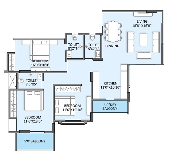 Floor plan of 3 BHK 1122 Sq. Ft. Apartment in Tejasvi Heritage, Pune