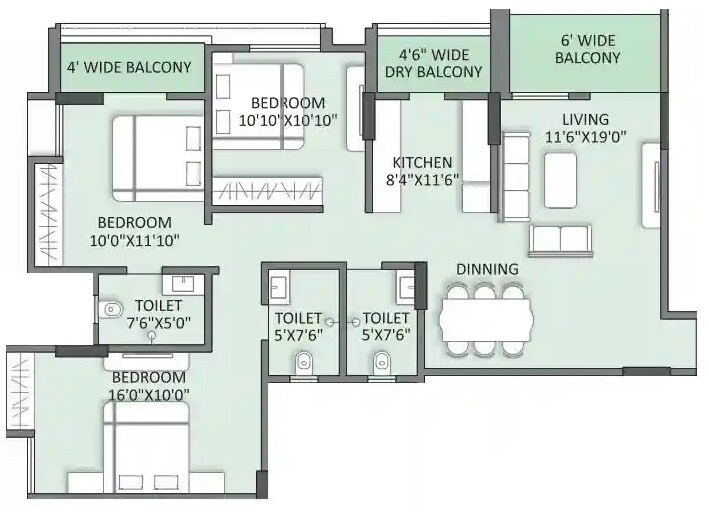 Floor plan of 3 BHK 1338 Sq. Ft. Apartment in Tejasvi Heritage, Pune