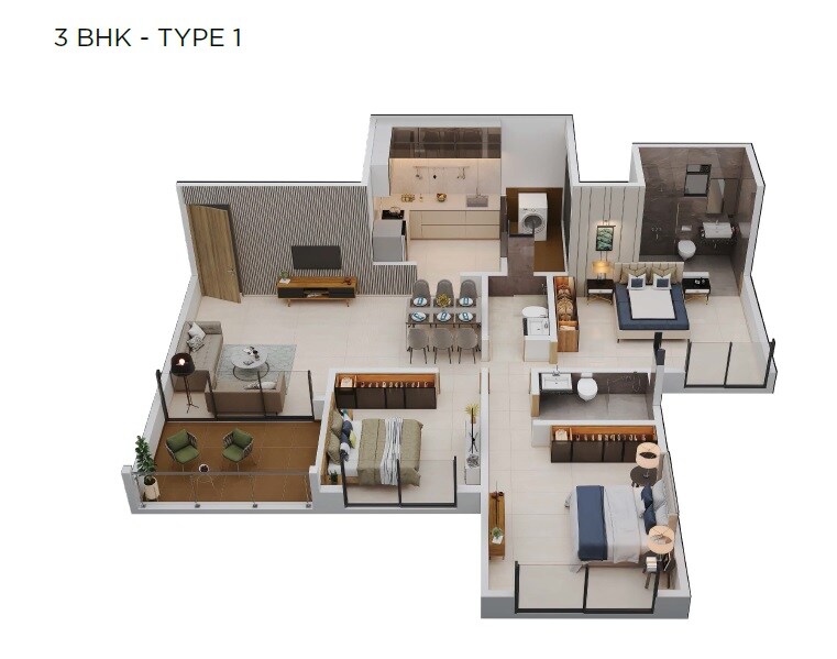 Floor plan of 3 BHK 993 Sq. Ft. Apartment in Tejraj Tejelevia, Pune