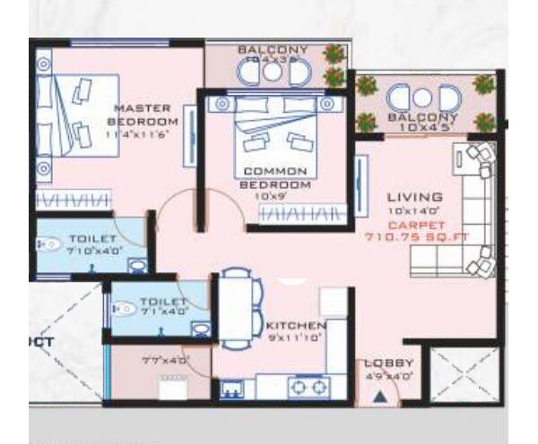 Floor plan of 2 BHK 710 Sq. Ft. Apartment in Tekale Chandranjan Heritage, Pune