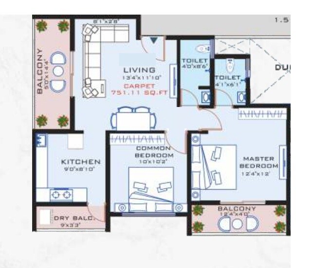 Floor plan of 2 BHK 751 Sq. Ft. Apartment in Tekale Chandranjan Heritage, Pune