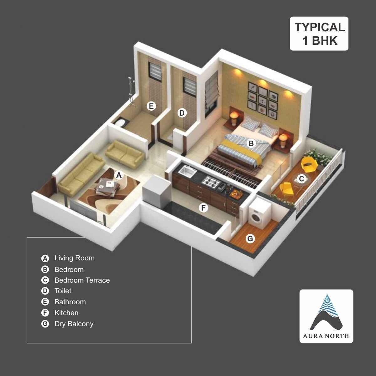 Floor plan of 1 BHK 410 Sq. Ft. Apartment in Thakur Aura North, Pune