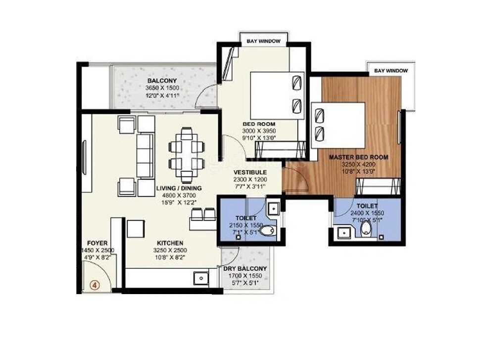 Floor plan of 2 BHK 740 Sq. Ft. Apartment in The Chatterjee The Crown Greens, Pune