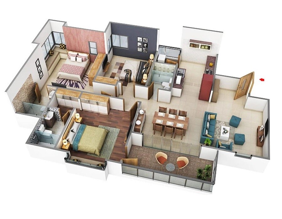 Floor plan of 3 BHK 1100 Sq. Ft. Apartment in The Chatterjee The Crown Greens, Pune
