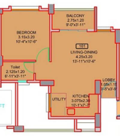 Floor plan of 1 BHK 394 Sq. Ft. Apartment in The Cliff Garden Wing A D E F, Pune