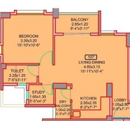 Floor plan of 1 BHK 455 Sq. Ft. Apartment in The Cliff Garden Wing A D E F, Pune
