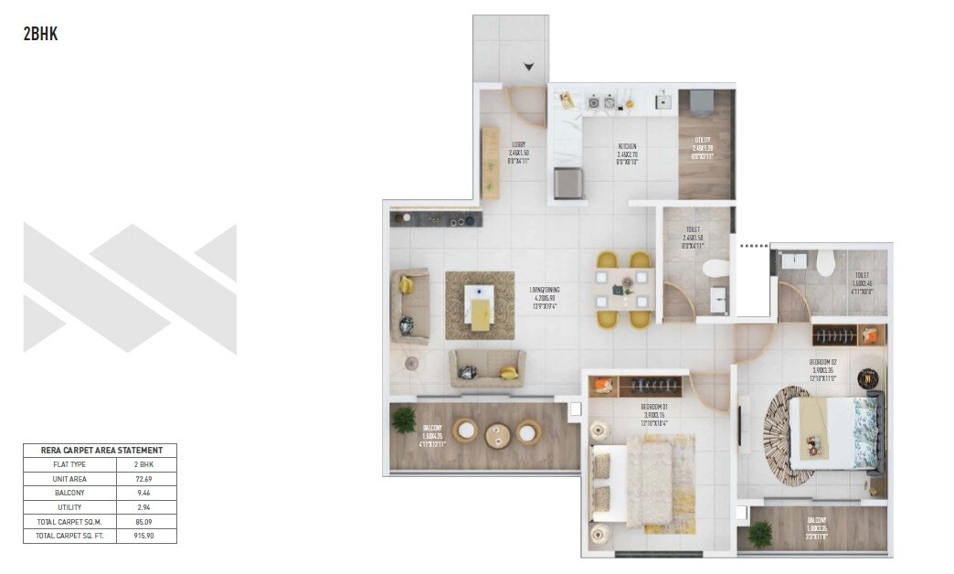 Floor plan of 2 BHK 916 Sq. Ft. Apartment in The Gen Meraki, Pune