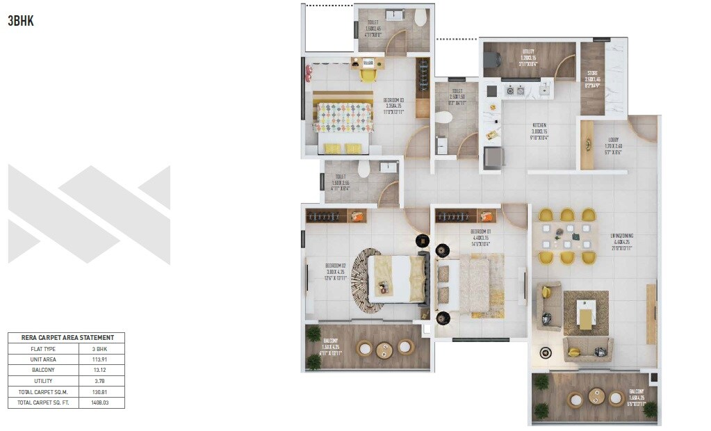 Floor plan of 3 BHK 1408 Sq. Ft. Apartment in The Gen Meraki, Pune
